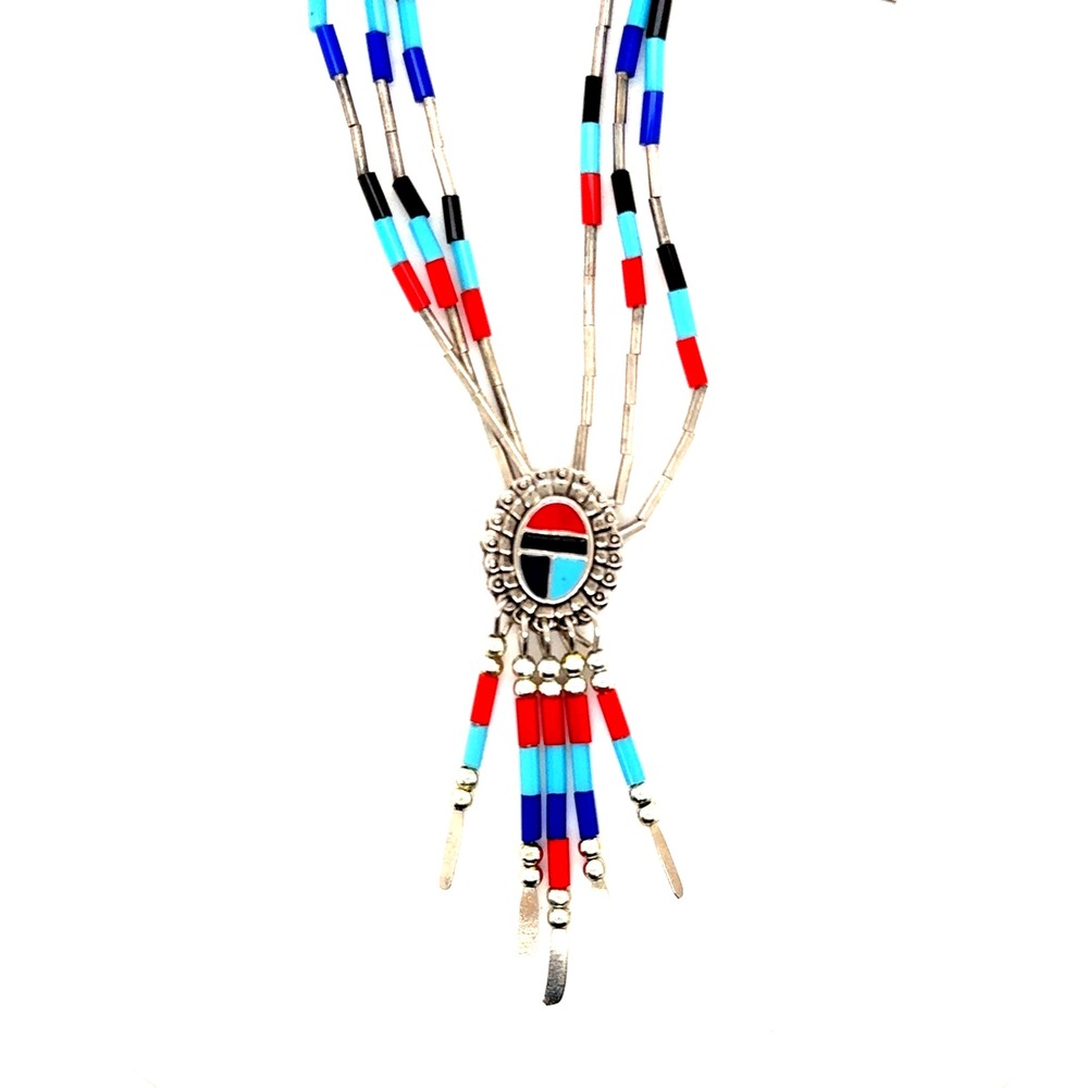 Southwestern Liquid Silver tone Multi Strand Sunface Inlay Fringe Necklace 18"